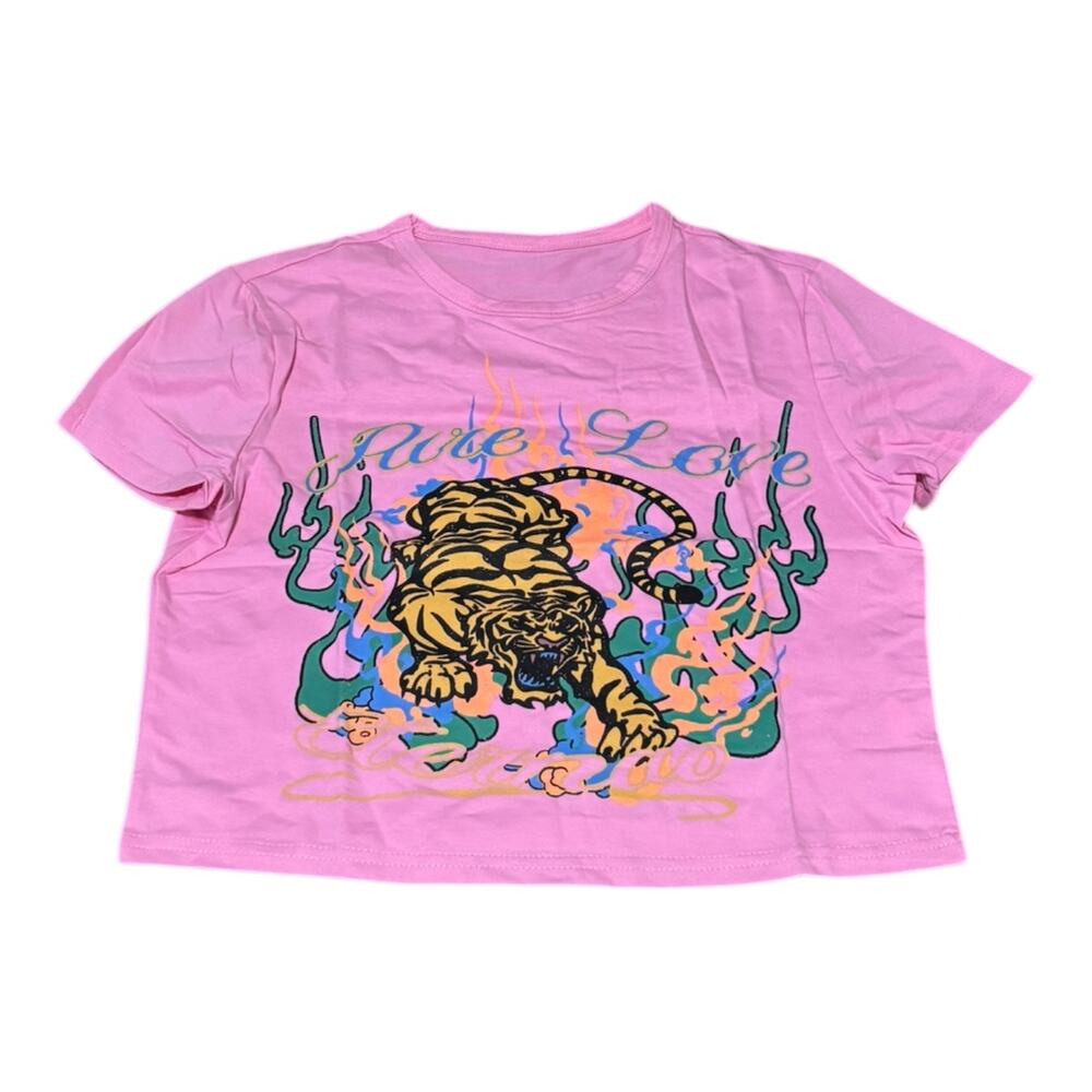 Pink Graphic Baby Tee Size Women's L Y2K Tiger Top NWOT